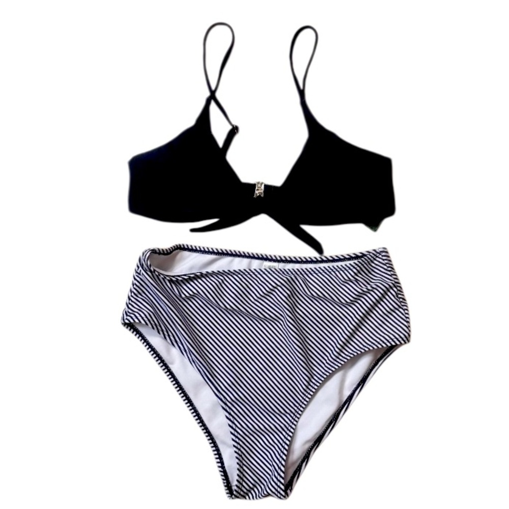 NEW BMJL 2pc black stripe high waist bikini women’s size medium